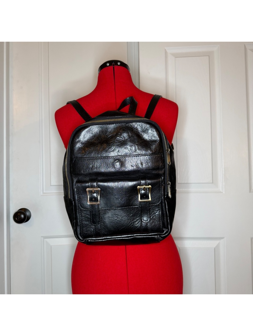 Vera 100% Pelle Made In Italy Black Pebbled Leather Mini Backpack Plaid Lining